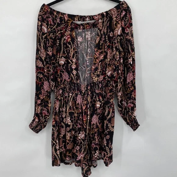 Free People Pretty & Free Black Floral Print Romper Boho Cut Out Back Size Small - Picture 8 of 12